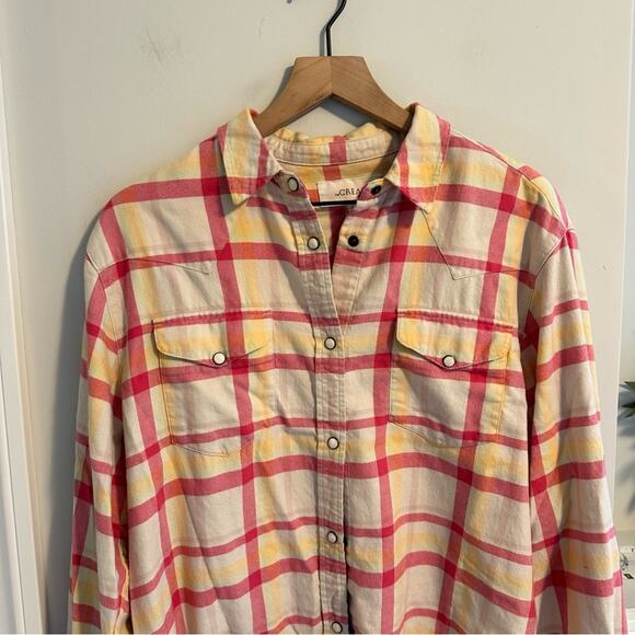 THE GREAT. Pink Yellow Cotton Plaid Western Flannel Top Small 1 - Picture 11 of 12